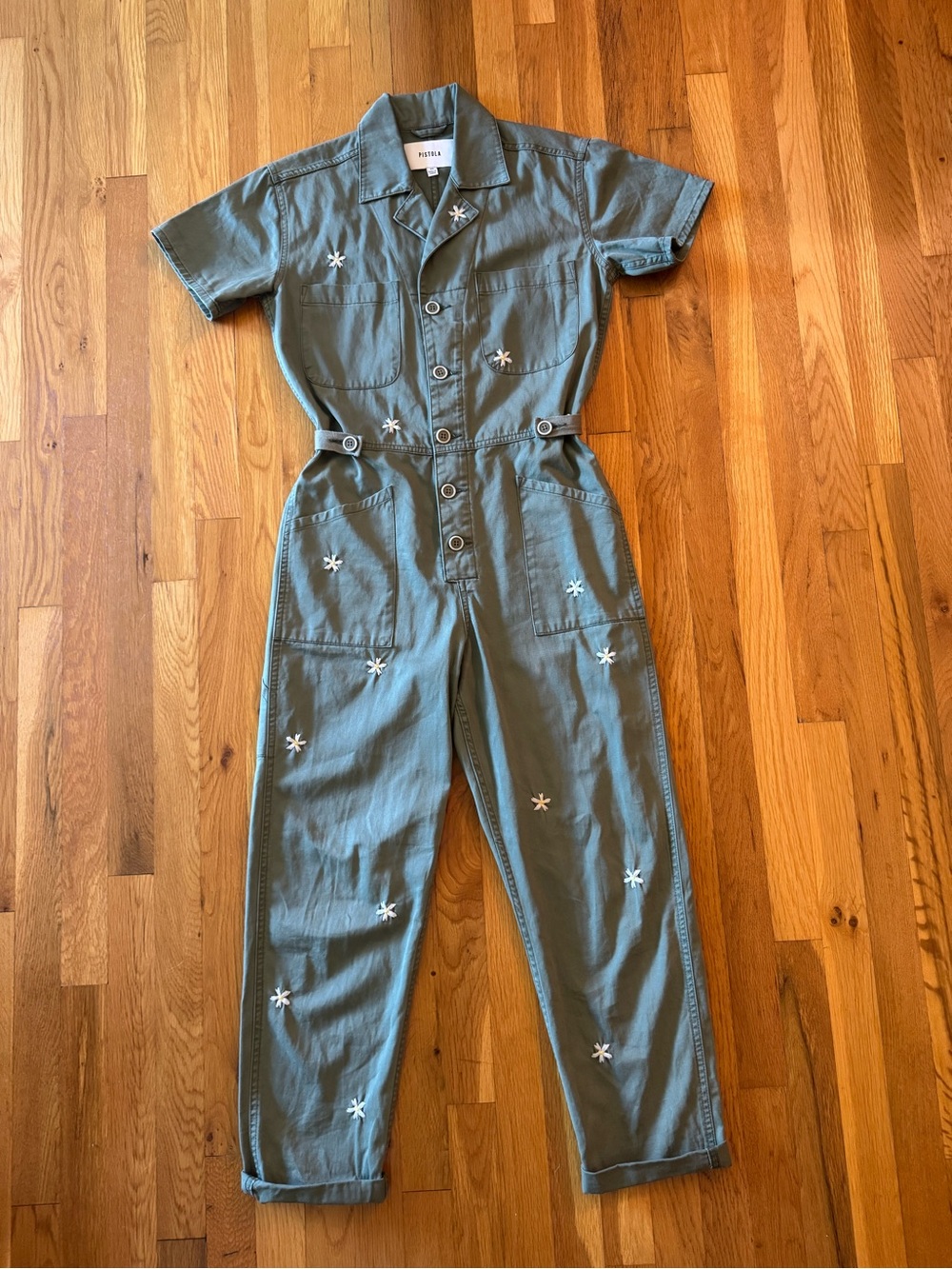 Pistola Grover Twill Flower Embroidered Button-front Utility Jumpsuit XS